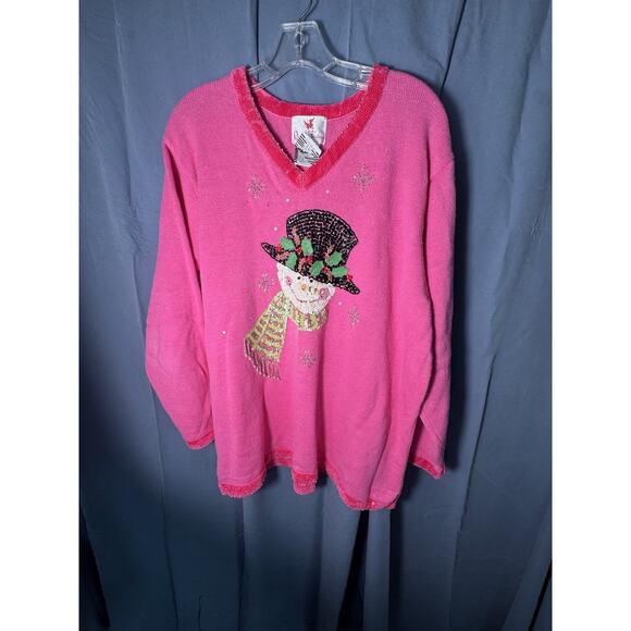 Quacker Factory Pink Christmas Sweater Women’s Sequin Snowman Holiday Pullover - Picture 1 of 4